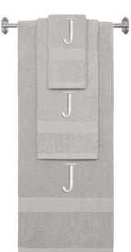 Silver monogrammed towel set with Silver thread, Times New Roman font, initial J - 540 GSM cotton 3-piece
