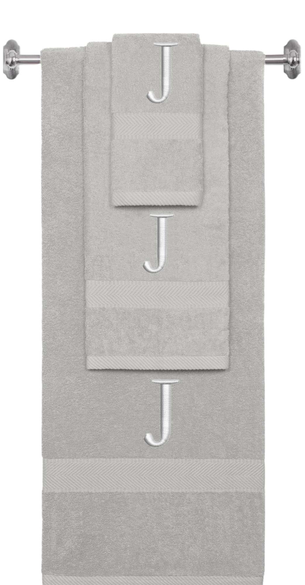 Silver monogrammed towel set with Silver thread, Times New Roman font, initial J - 540 GSM cotton 3-piece