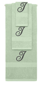 Mint Green monogrammed towel set with Black thread, Diana Script font, initial I - 540 GSM cotton 3-piece