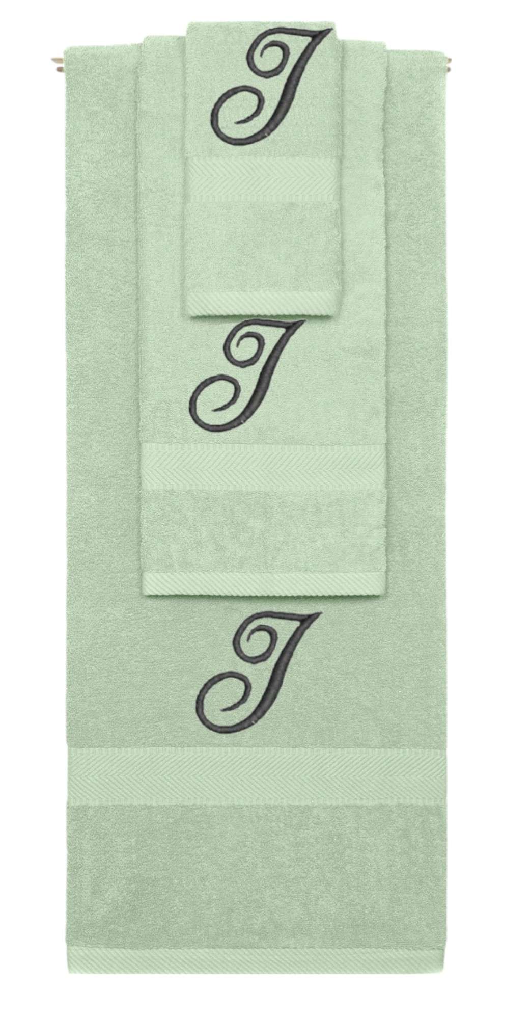 Mint Green monogrammed towel set with Black thread, Diana Script font, initial I - 540 GSM cotton 3-piece