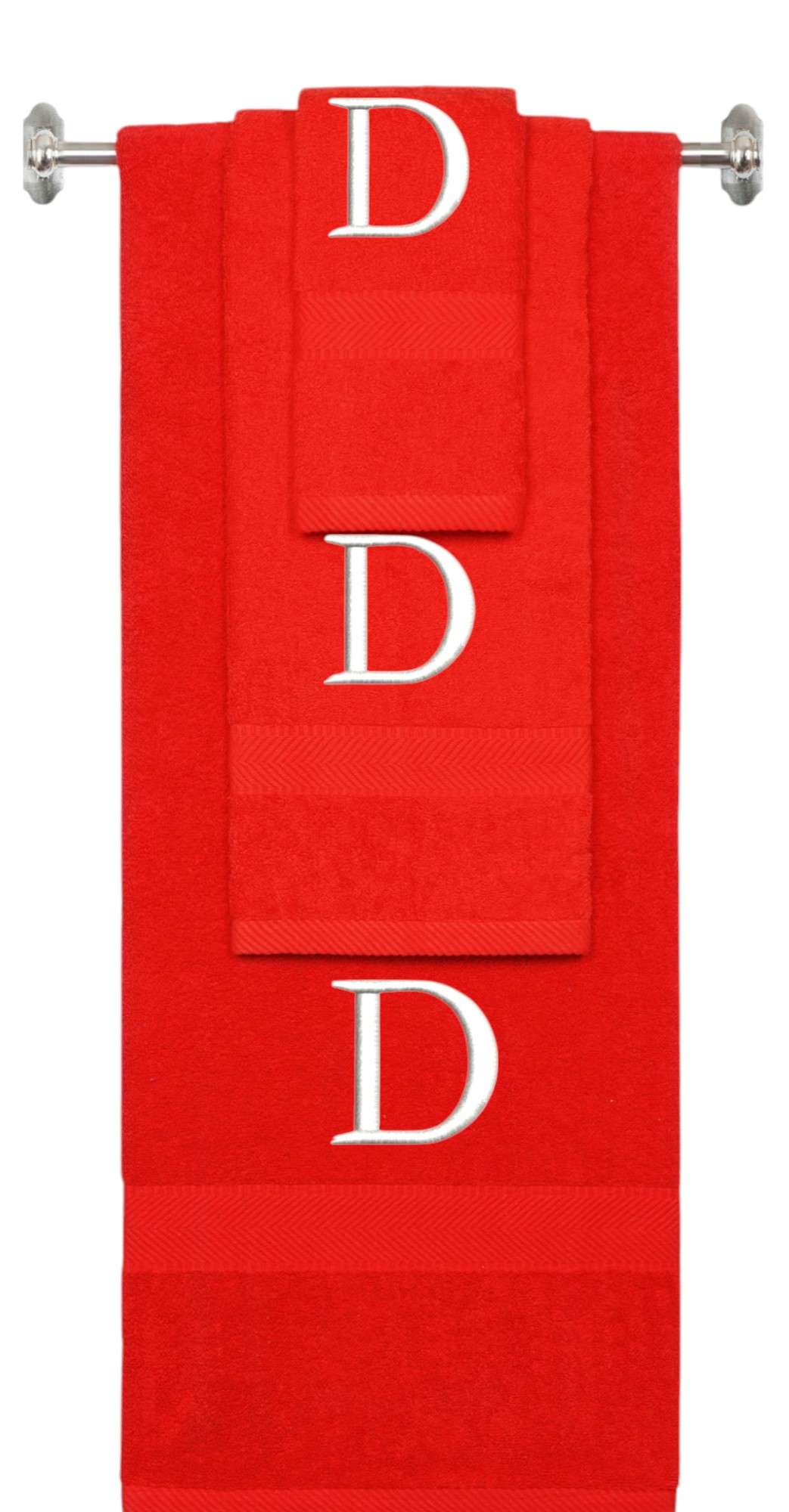 Red monogrammed towel set with White thread, Times New Roman font, initial D - 540 GSM cotton 3-piece