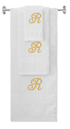 White monogrammed towel set with Gold thread, Diana Script font, initial R - 540 GSM cotton 3-piece