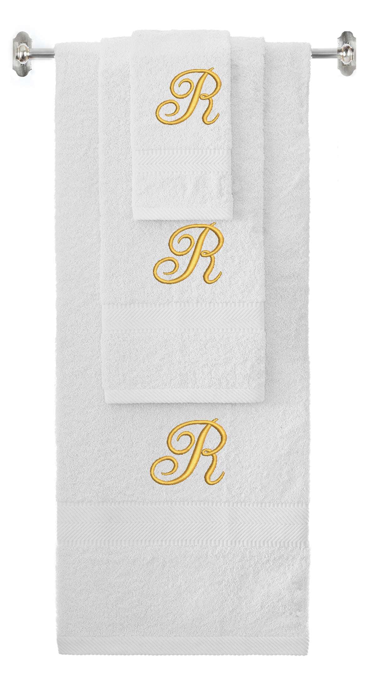 White monogrammed towel set with Gold thread, Diana Script font, initial R - 540 GSM cotton 3-piece