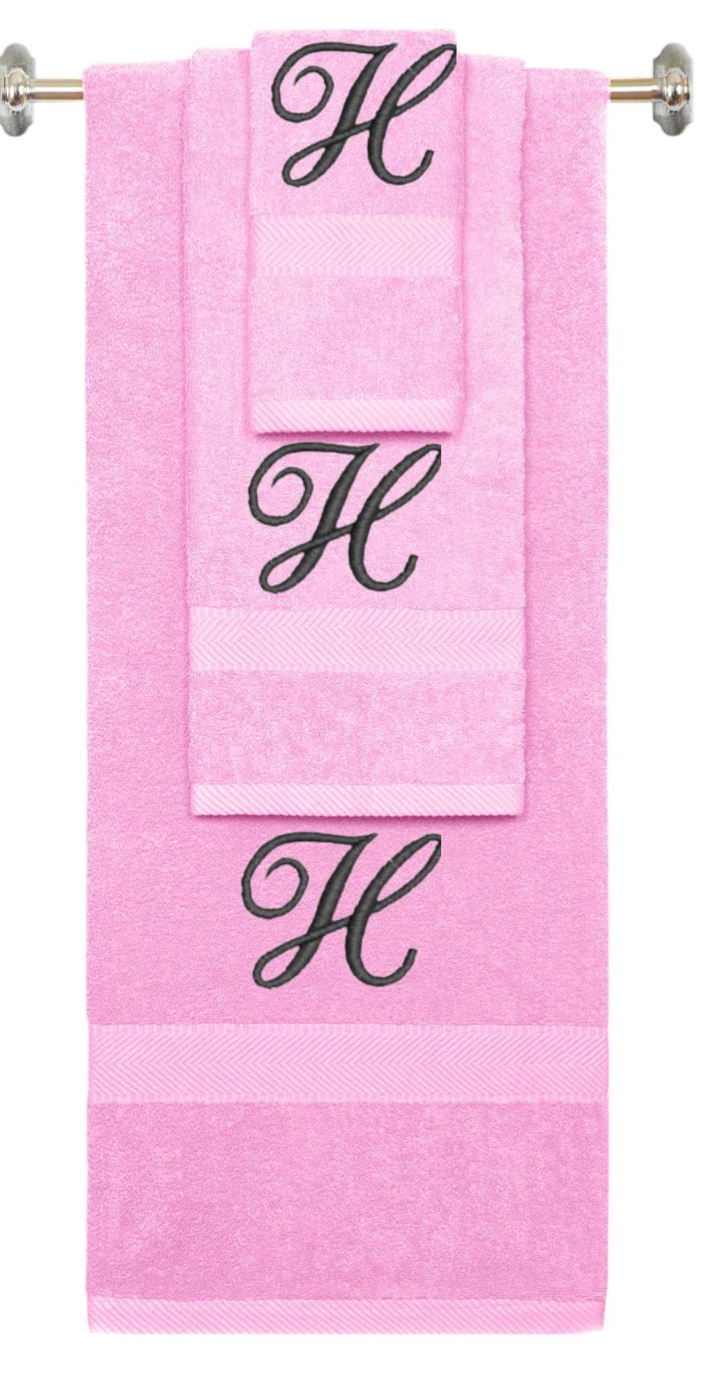 Pink monogrammed towel set with Black thread, Diana Script font, initial H - 540 GSM cotton 3-piece