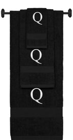 Black monogrammed towel set with Silver thread, Times New Roman font, initial Q - 540 GSM cotton 3-piece
