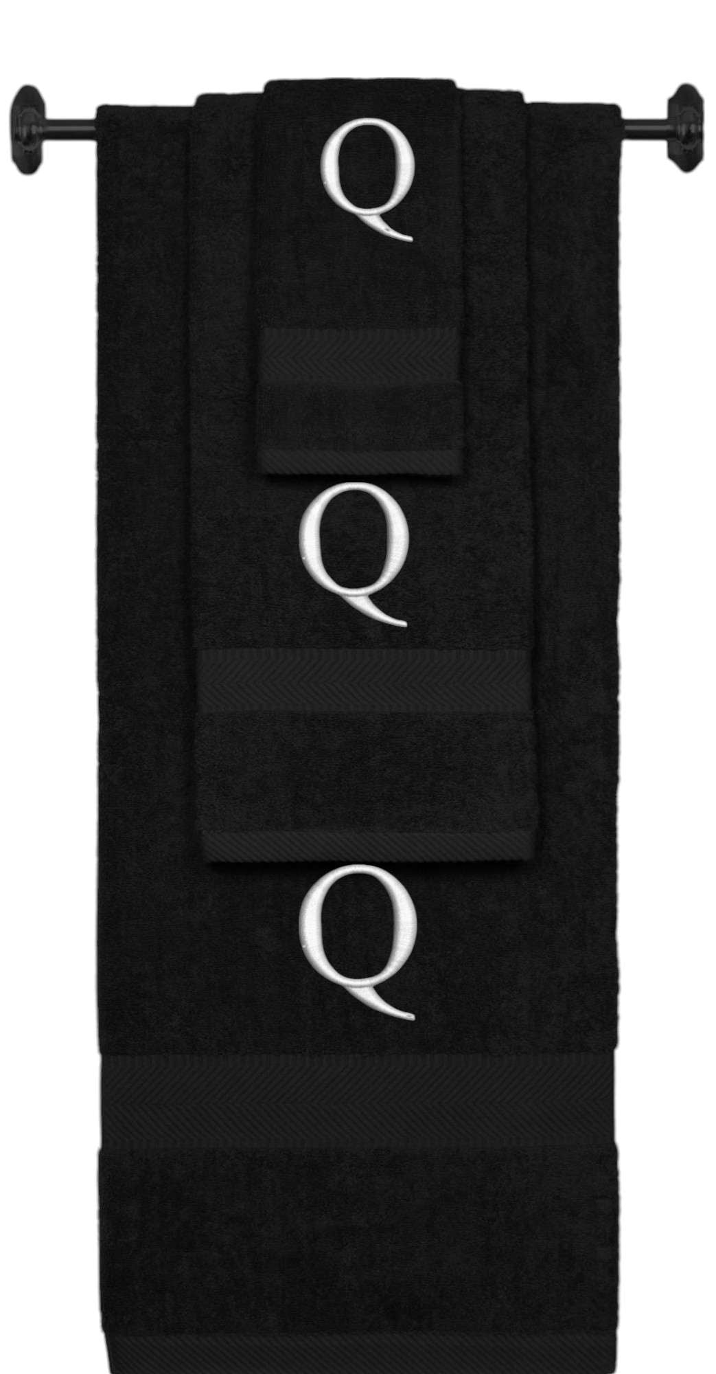 Black monogrammed towel set with Silver thread, Times New Roman font, initial Q - 540 GSM cotton 3-piece
