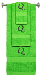 Lime monogrammed towel set with Black thread, Chancery font, initial Q - 540 GSM cotton 3-piece