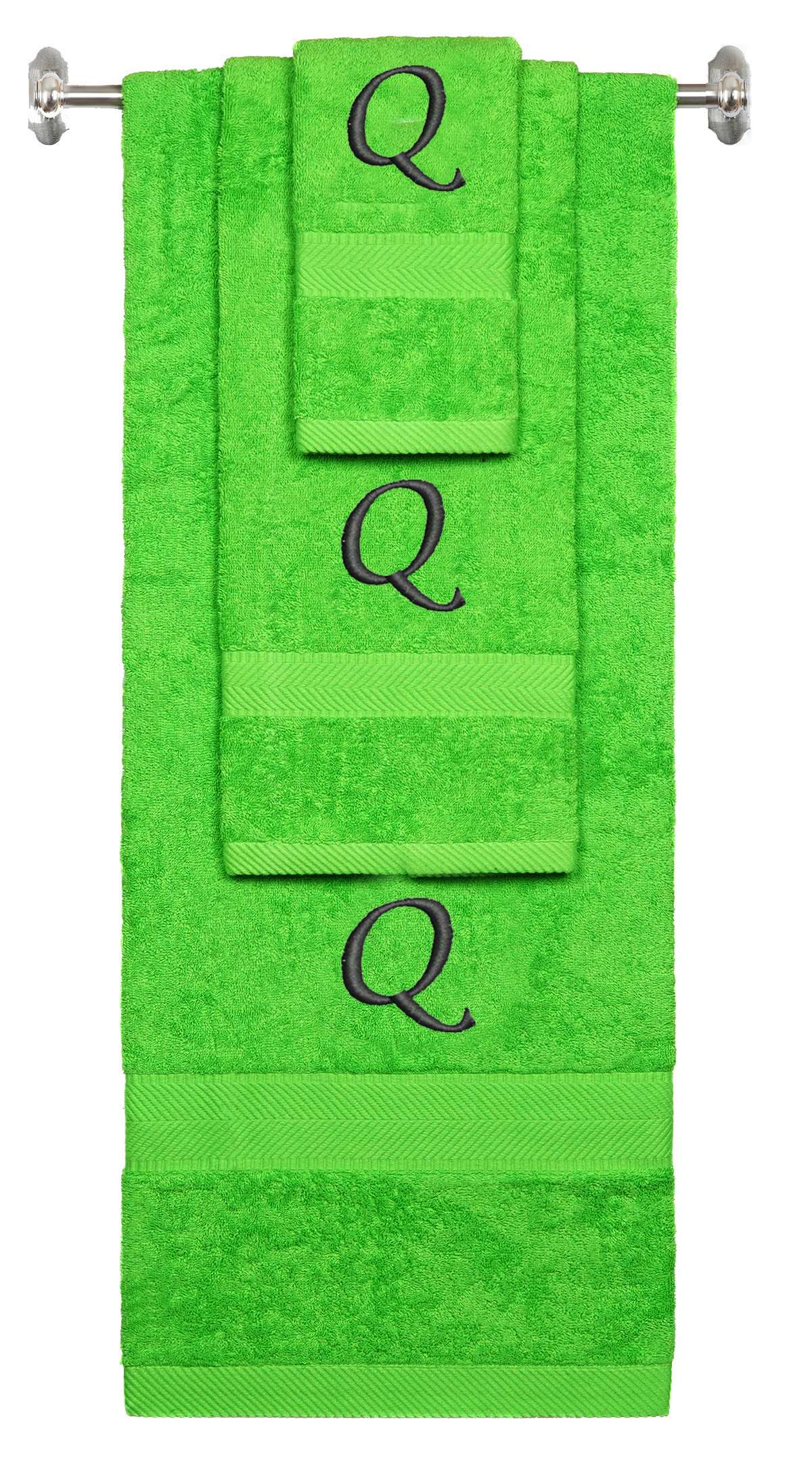 Lime monogrammed towel set with Black thread, Chancery font, initial Q - 540 GSM cotton 3-piece