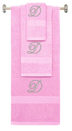 Pink monogrammed towel set with Silver thread, Diana Script font, initial D - 540 GSM cotton 3-piece