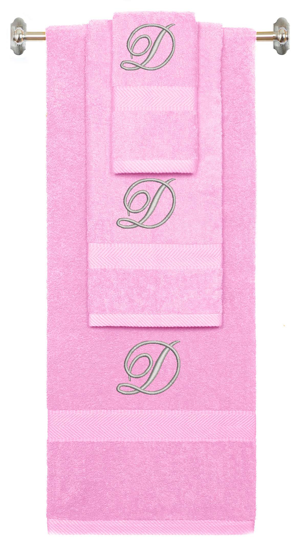 Pink monogrammed towel set with Silver thread, Diana Script font, initial D - 540 GSM cotton 3-piece