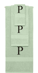 Mint Green monogrammed towel set with Black thread, Times New Roman font, initial P - 540 GSM cotton 3-piece