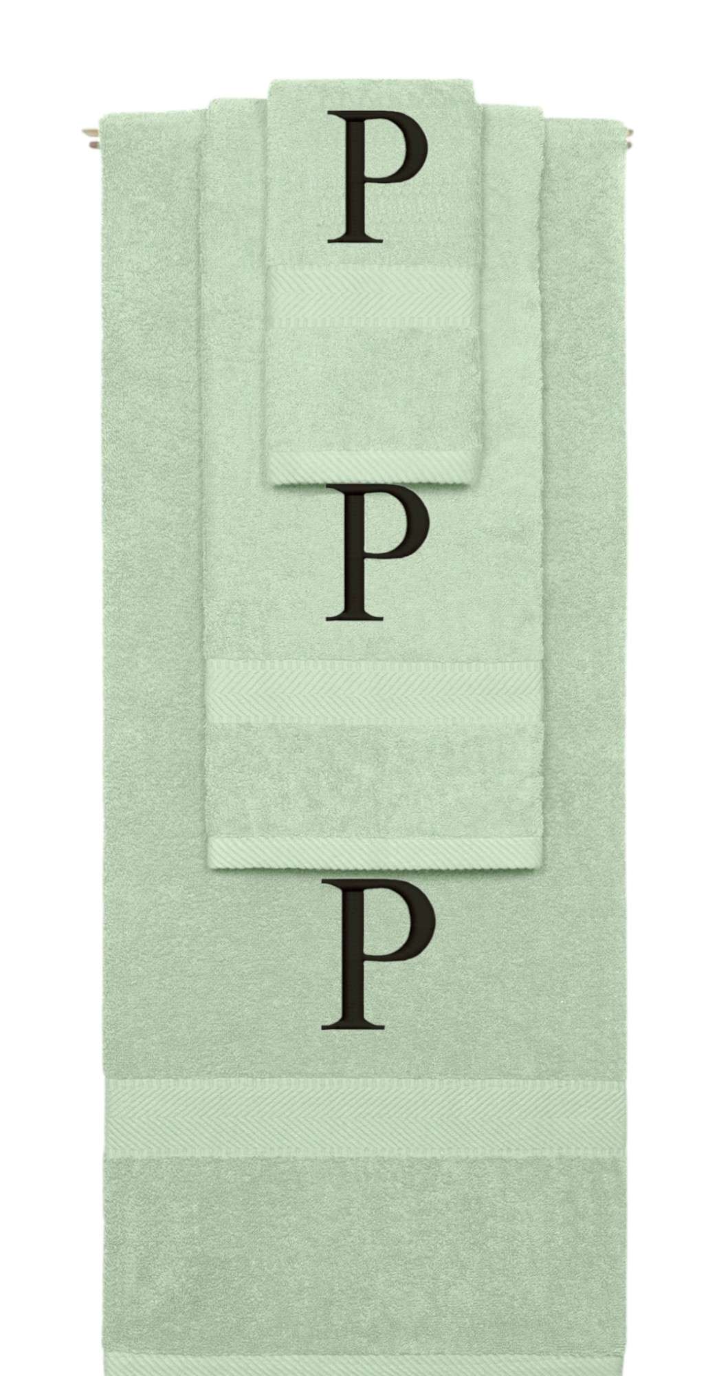 Mint Green monogrammed towel set with Black thread, Times New Roman font, initial P - 540 GSM cotton 3-piece