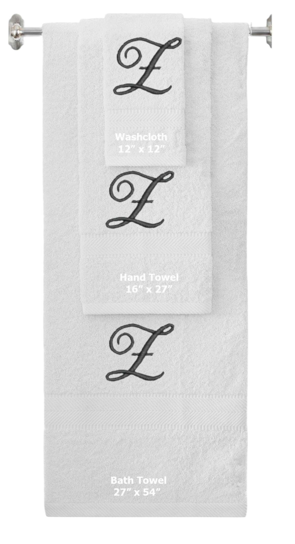 White monogrammed towel set with Black thread, Diana Script font, initial Z - 540 GSM cotton 3-piece