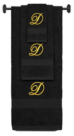 Black monogrammed towel set with Gold thread, Diana Script font, initial D - 540 GSM cotton 3-piece