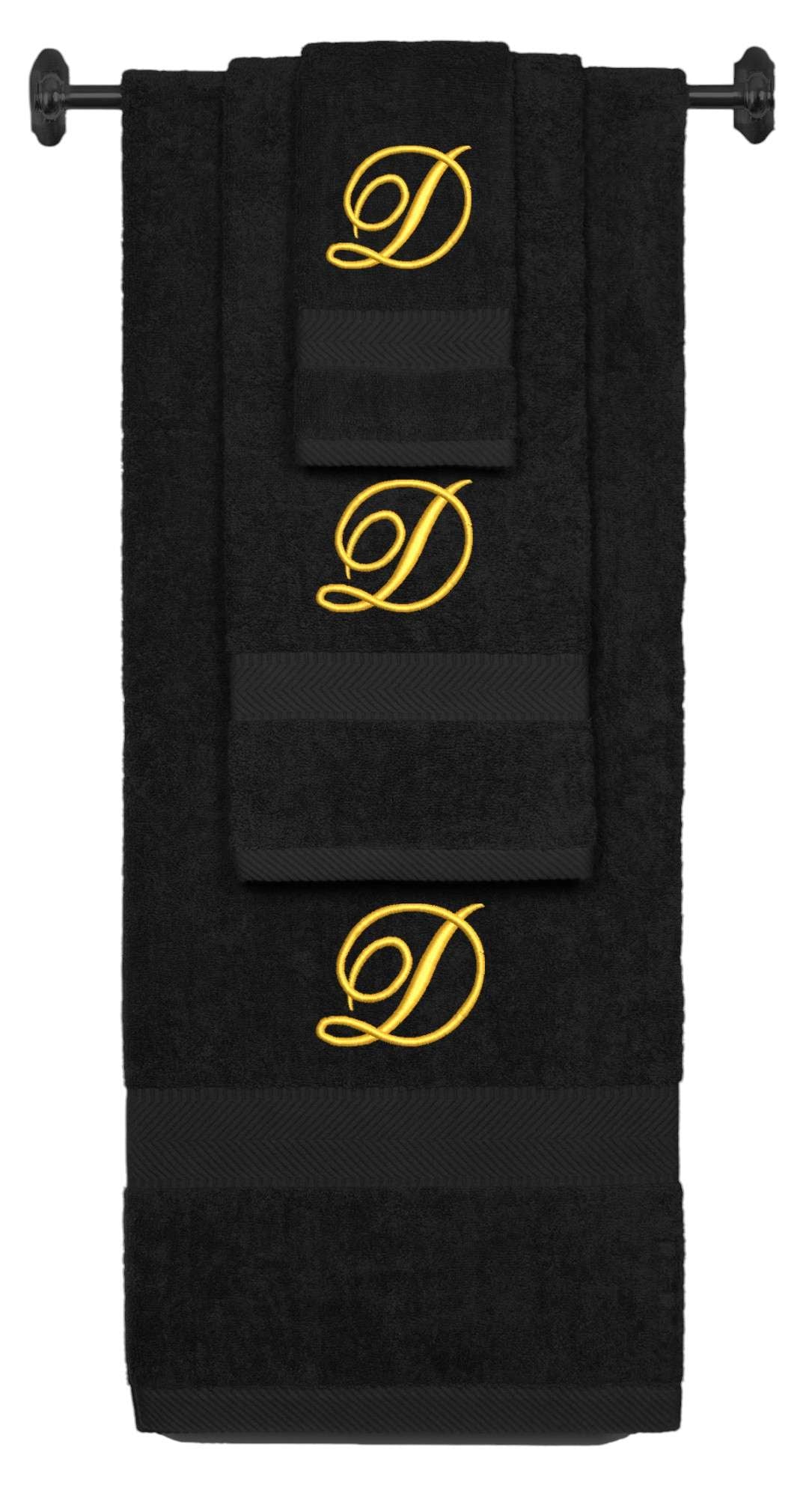 Black monogrammed towel set with Gold thread, Diana Script font, initial D - 540 GSM cotton 3-piece