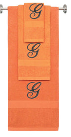 Orange monogrammed towel set with Black thread, Diana Script font, initial G - 540 GSM cotton 3-piece