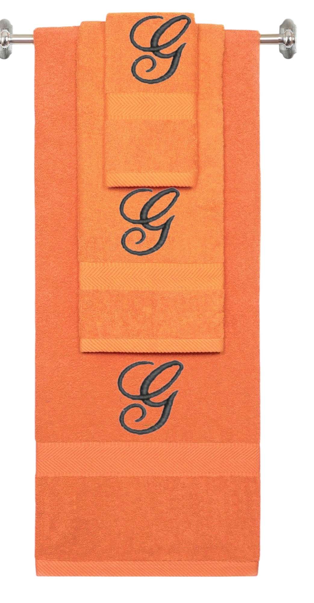 Orange monogrammed towel set with Black thread, Diana Script font, initial G - 540 GSM cotton 3-piece