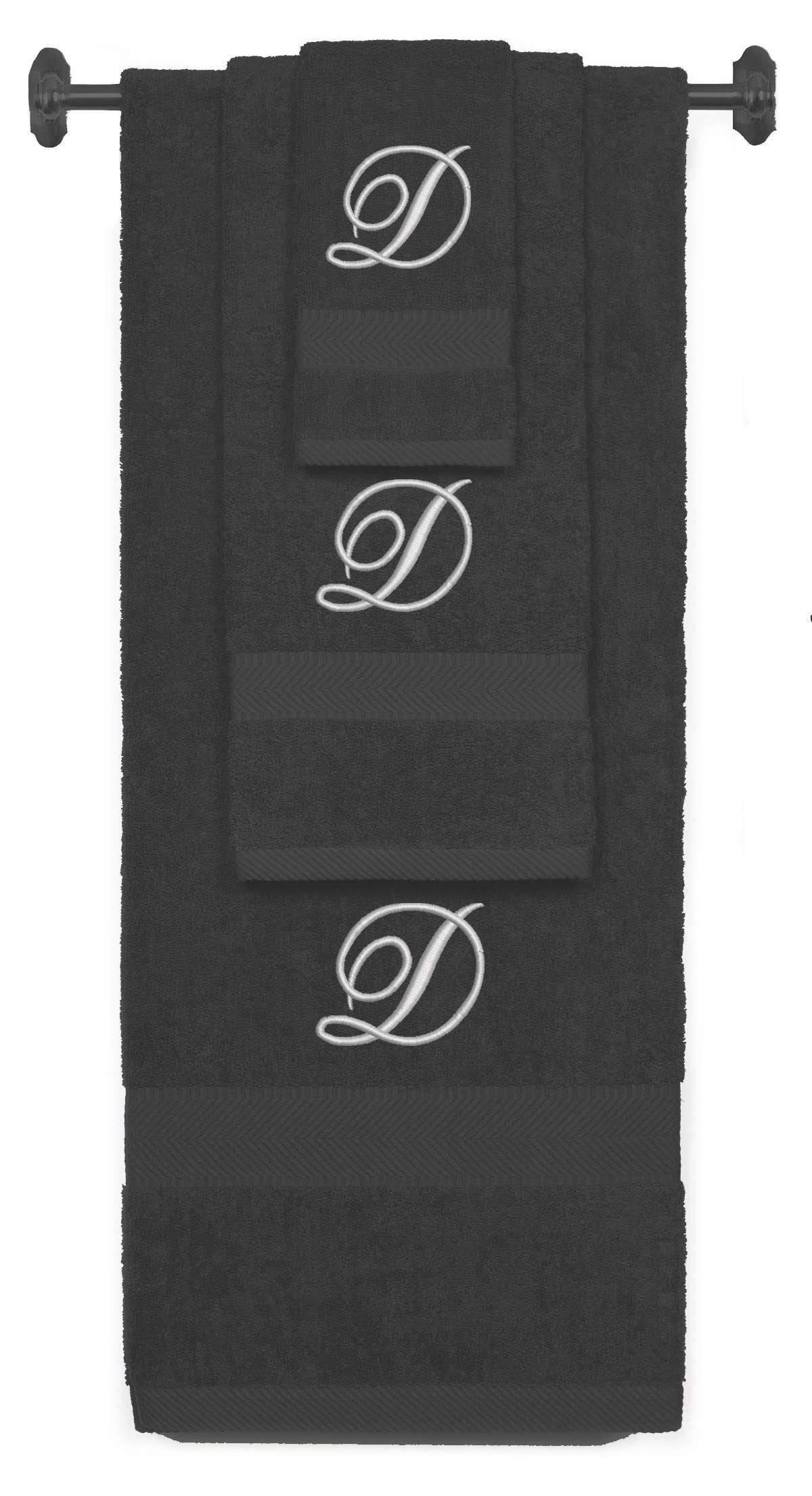 Charcoal monogrammed towel set with Silver thread, Diana Script font, initial D - 540 GSM cotton 3-piece