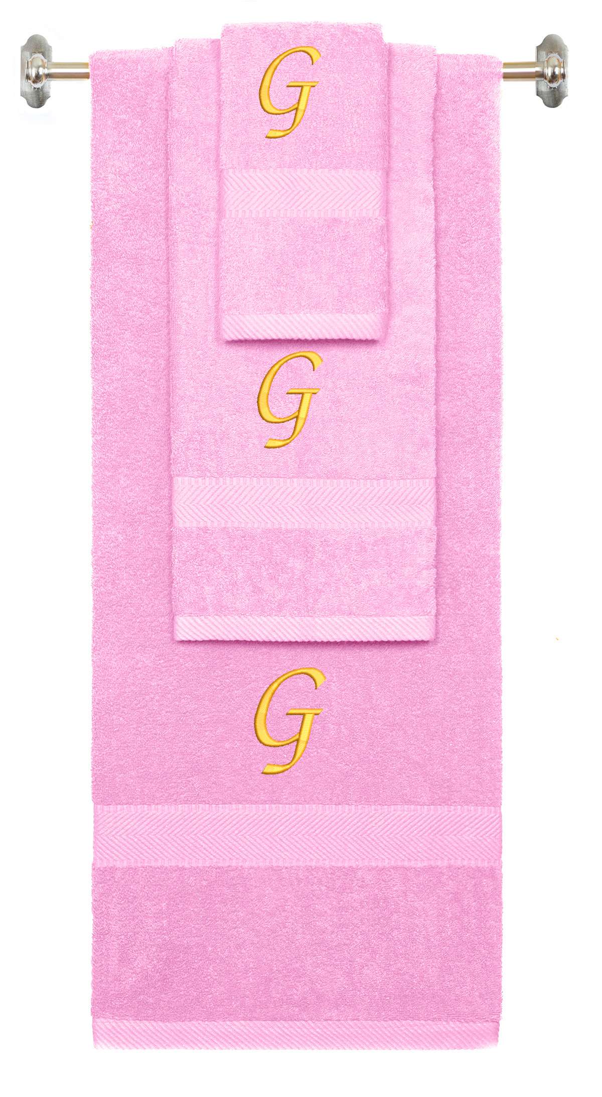 Pink monogrammed towel set with Gold thread, Chancery font, initial G - 540 GSM cotton 3-piece