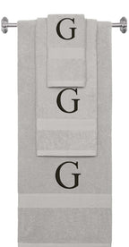 Silver monogrammed towel set with Black thread, Times New Roman font, initial G - 540 GSM cotton 3-piece