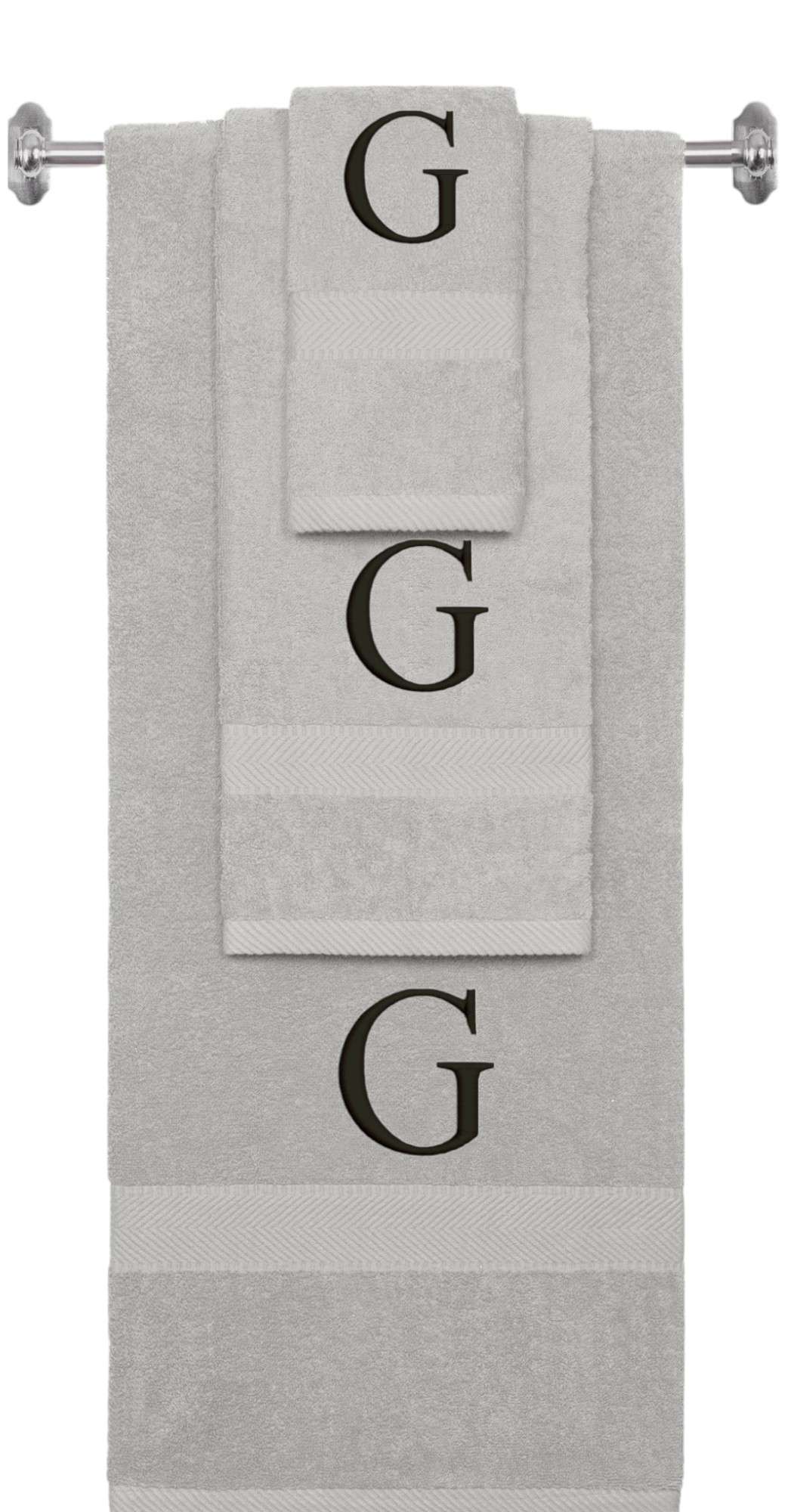 Silver monogrammed towel set with Black thread, Times New Roman font, initial G - 540 GSM cotton 3-piece