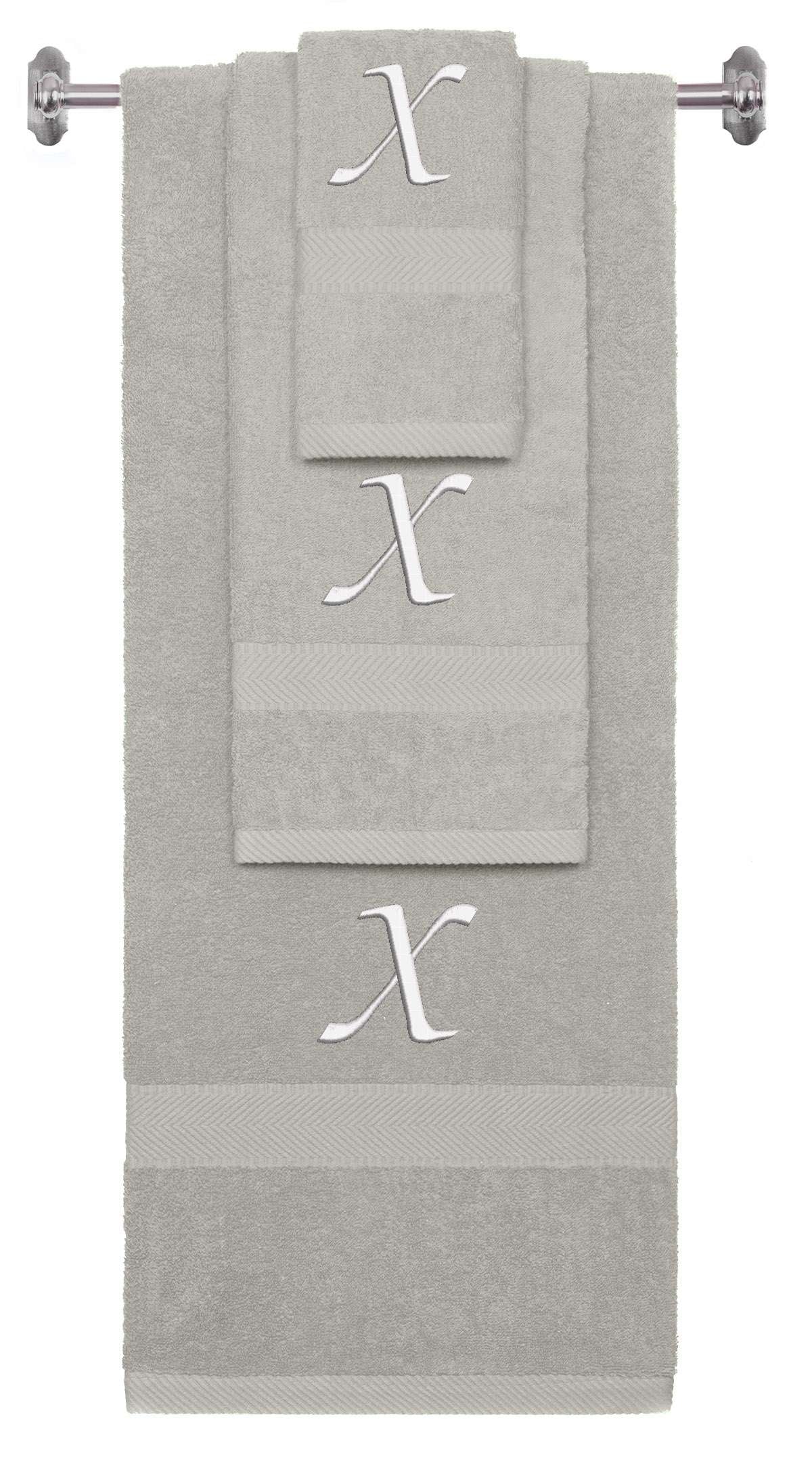 Silver monogrammed towel set with White thread, Chancery font, initial X - 540 GSM cotton 3-piece