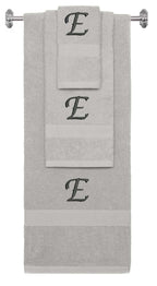 Silver monogrammed towel set with Black thread, Chancery font, initial E - 540 GSM cotton 3-piece