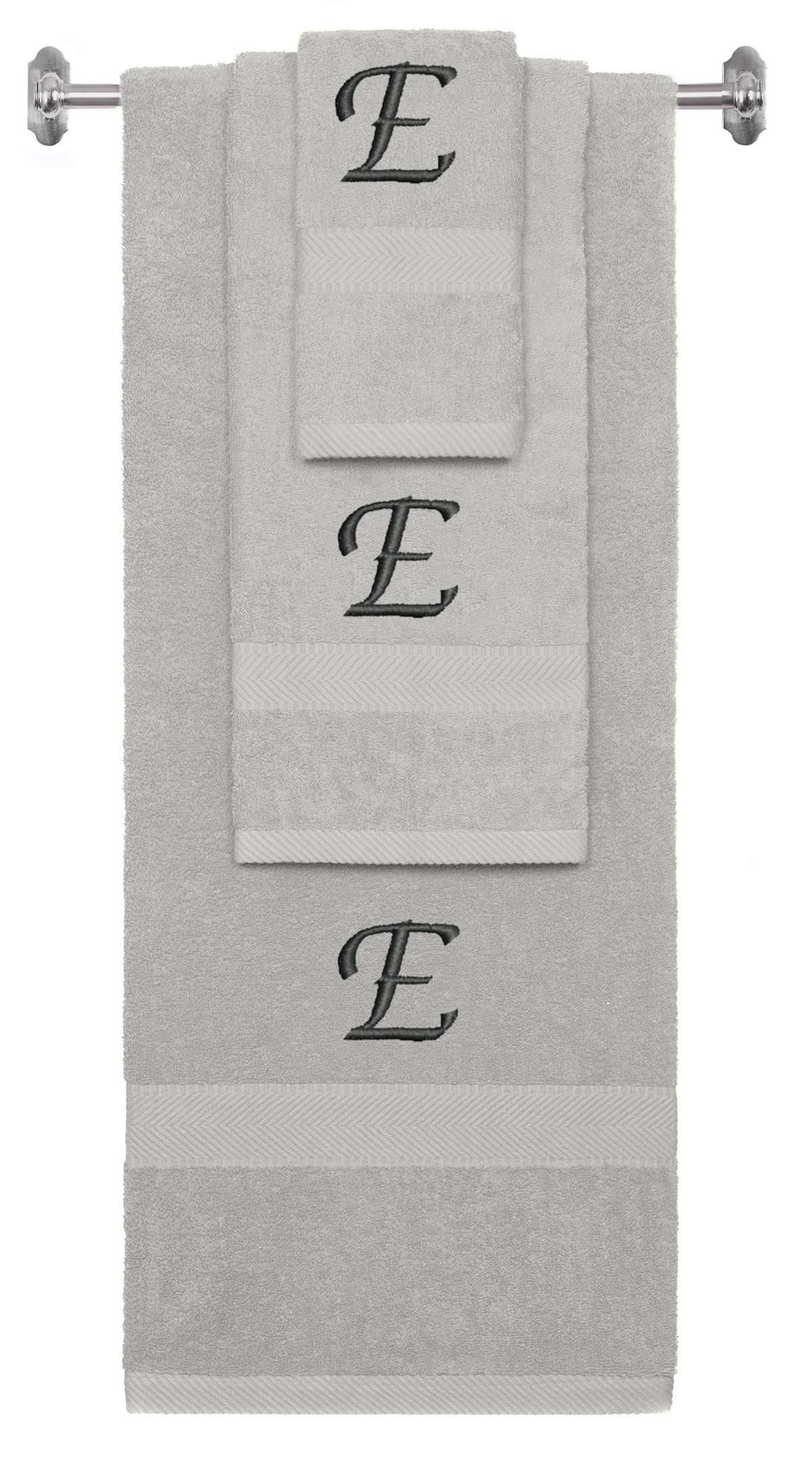 Silver monogrammed towel set with Black thread, Chancery font, initial E - 540 GSM cotton 3-piece