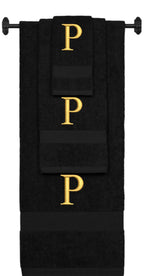 Black monogrammed towel set with Gold thread, Times New Roman font, initial P - 540 GSM cotton 3-piece