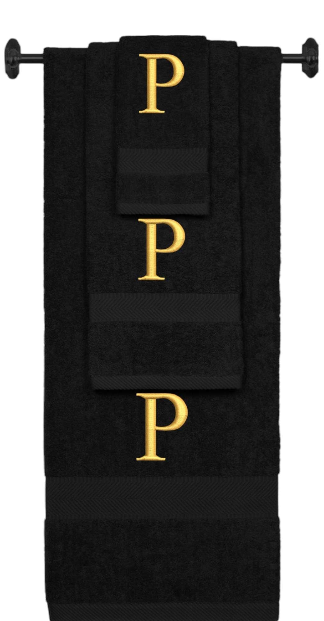 Black monogrammed towel set with Gold thread, Times New Roman font, initial P - 540 GSM cotton 3-piece