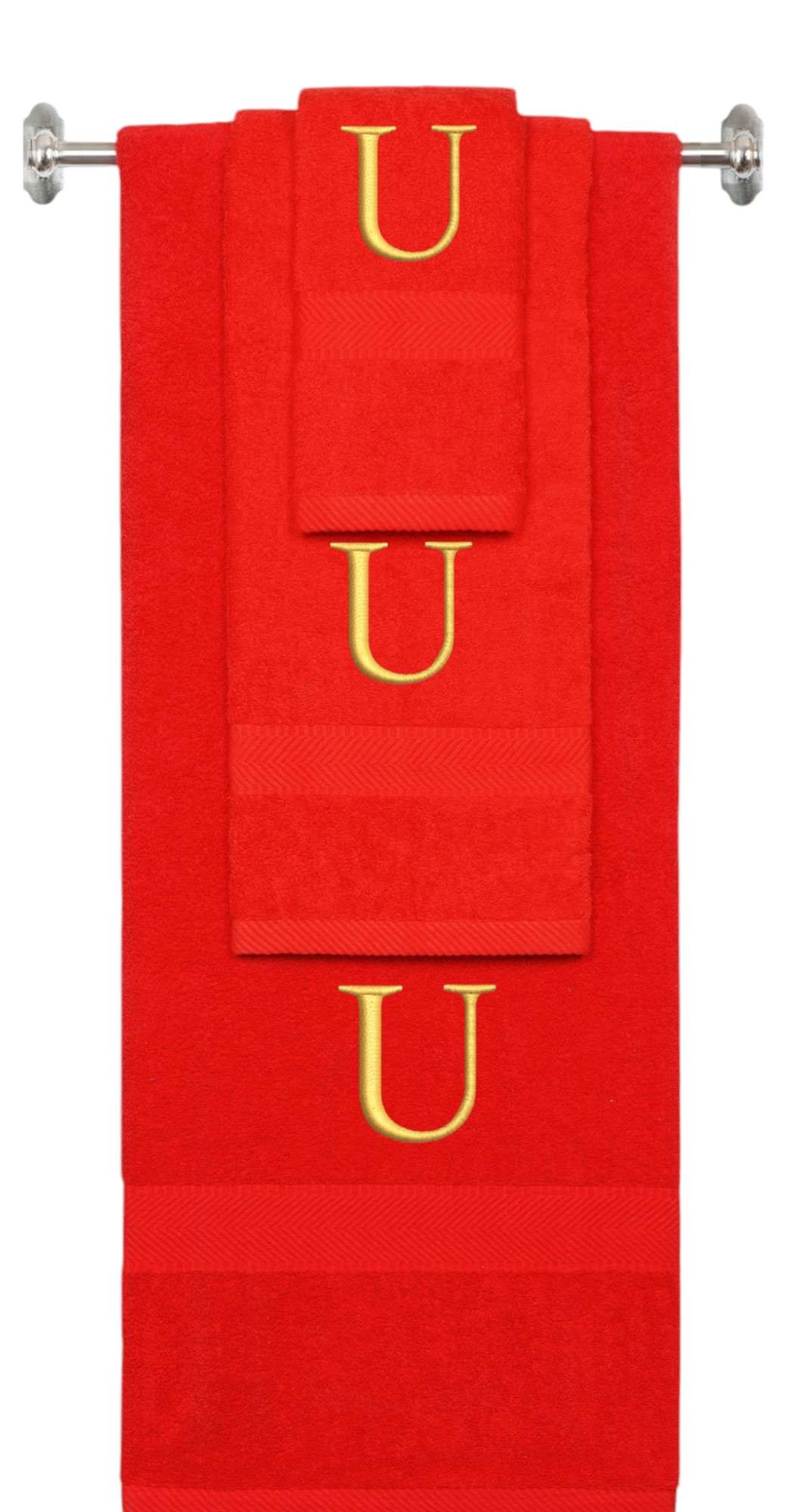 Red monogrammed towel set with Gold thread, Times New Roman font, initial U - 540 GSM cotton 3-piece
