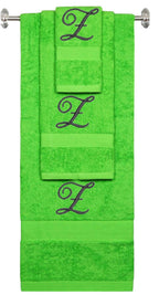 Lime monogrammed towel set with Black thread, Diana Script font, initial Z - 540 GSM cotton 3-piece