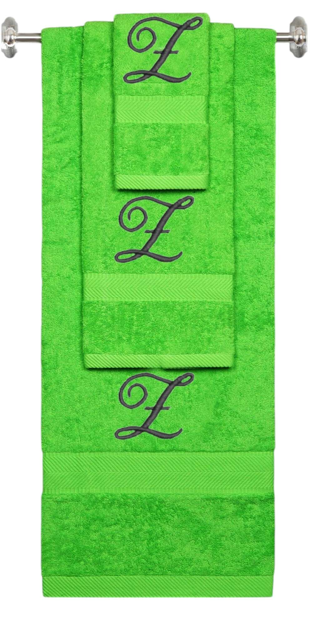 Lime monogrammed towel set with Black thread, Diana Script font, initial Z - 540 GSM cotton 3-piece