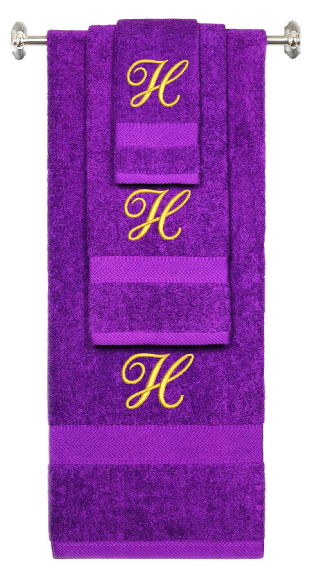 Purple monogrammed towel set with Gold thread, Diana Script font, initial H - 540 GSM cotton 3-piece