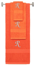 Orange monogrammed towel set with Silver thread, Chancery font, initial R - 540 GSM cotton 3-piece
