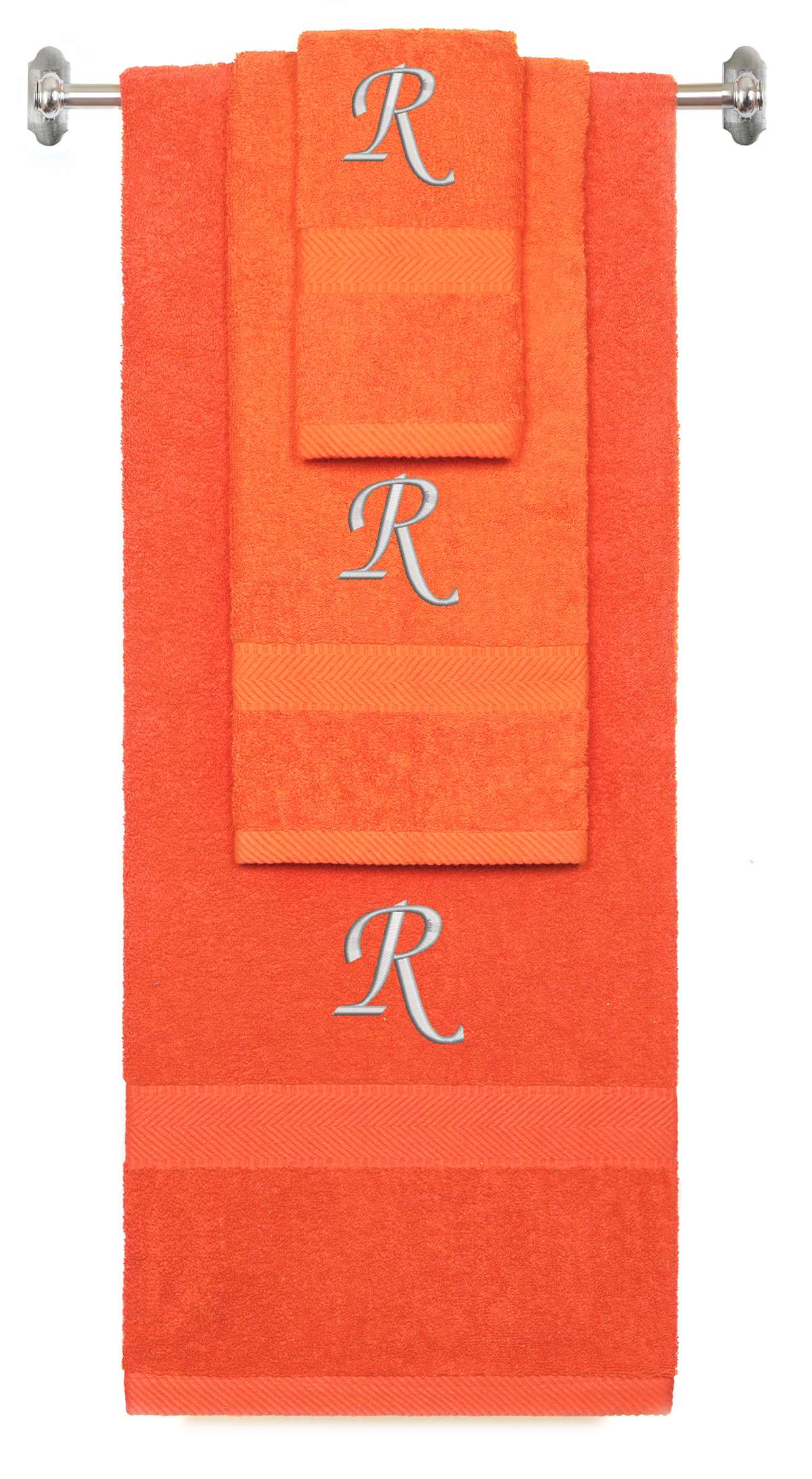 Orange monogrammed towel set with Silver thread, Chancery font, initial R - 540 GSM cotton 3-piece
