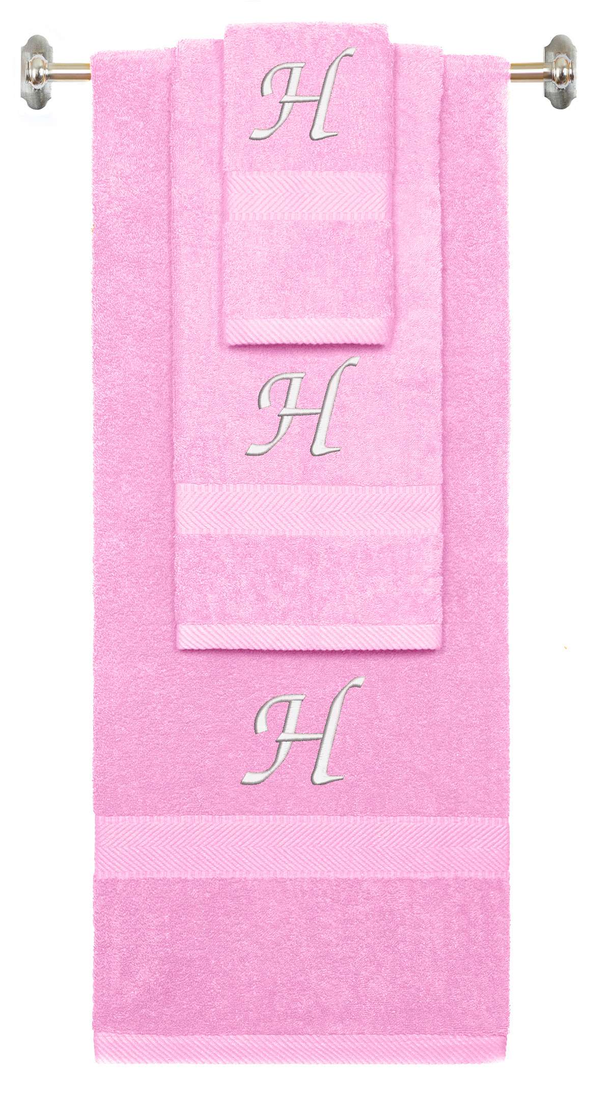 Pink monogrammed towel set with White thread, Chancery font, initial H - 540 GSM cotton 3-piece