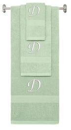 Mint Green monogrammed towel set with White thread, Chancery font, initial D - 540 GSM cotton 3-piece