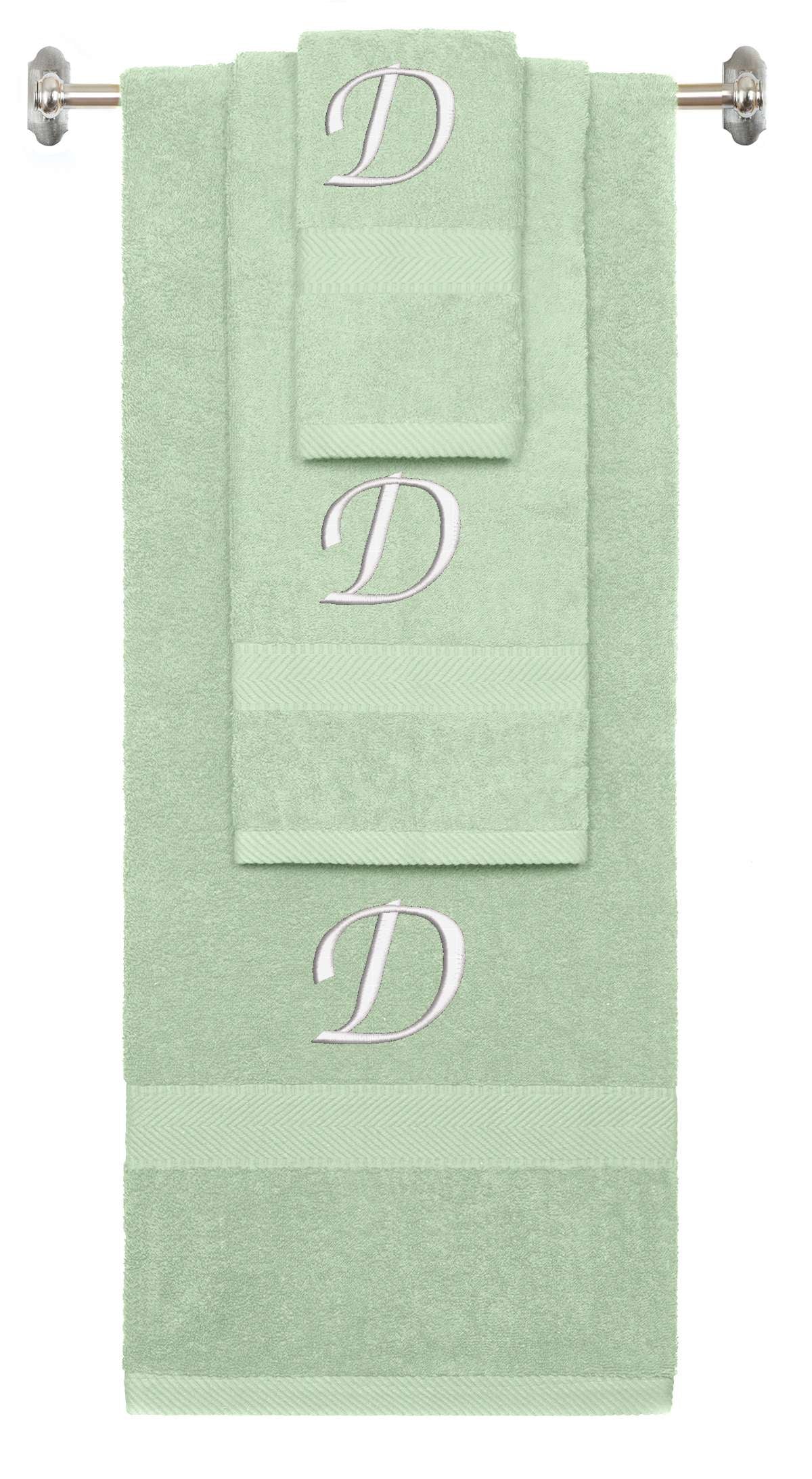 Mint Green monogrammed towel set with White thread, Chancery font, initial D - 540 GSM cotton 3-piece