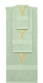 Mint Green monogrammed towel set with Gold thread, Times New Roman font, initial Y - 540 GSM cotton 3-piece