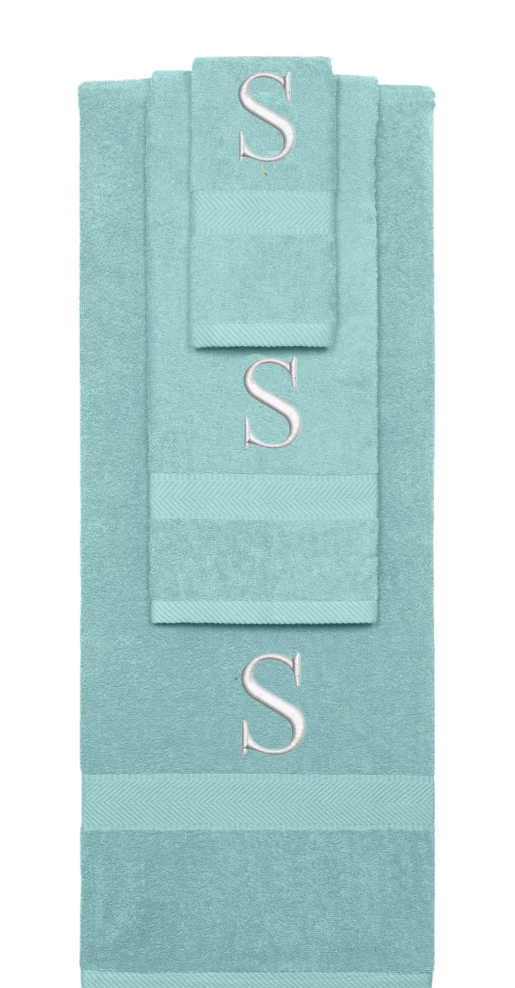 Nautical Teal monogrammed towel set with Silver thread, Times New Roman font, initial S - 540 GSM cotton 3-piece