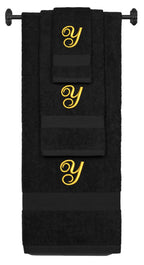 Black monogrammed towel set with Gold thread, Diana Script font, initial Y - 540 GSM cotton 3-piece