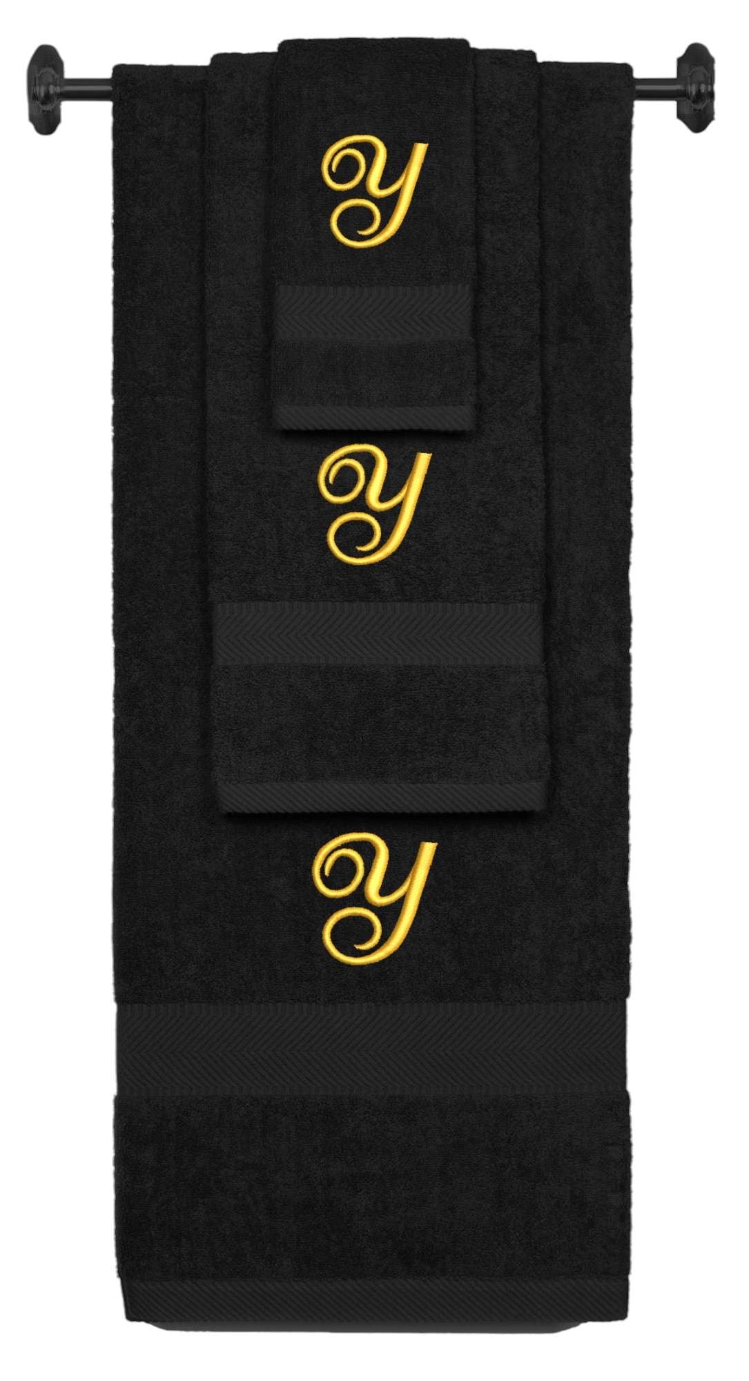 Black monogrammed towel set with Gold thread, Diana Script font, initial Y - 540 GSM cotton 3-piece