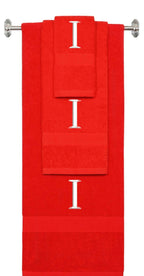 Red monogrammed towel set with White thread, Times New Roman font, initial I - 540 GSM cotton 3-piece