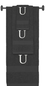 Charcoal monogrammed towel set with White thread, Times New Roman font, initial U - 540 GSM cotton 3-piece
