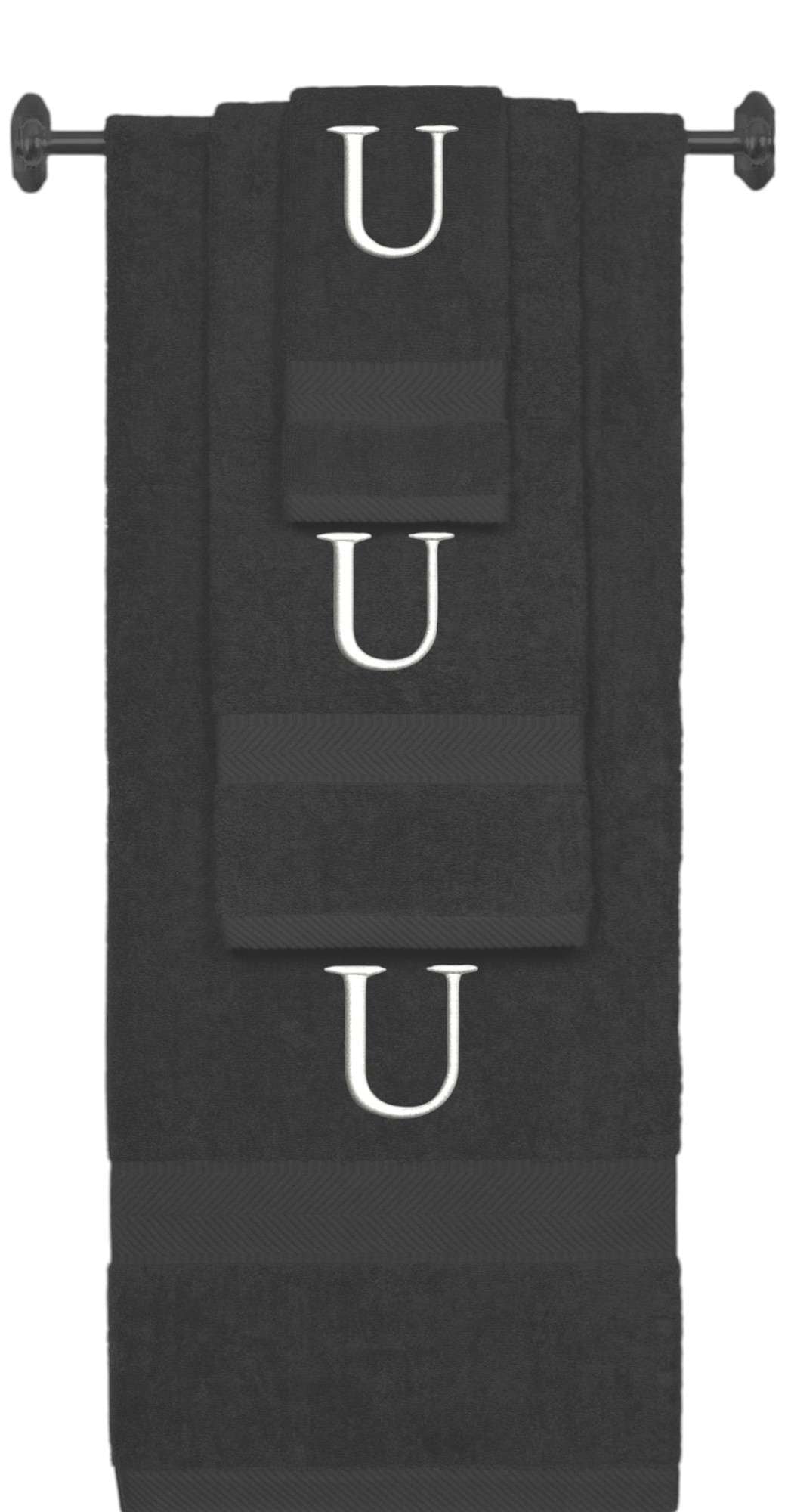 Charcoal monogrammed towel set with White thread, Times New Roman font, initial U - 540 GSM cotton 3-piece