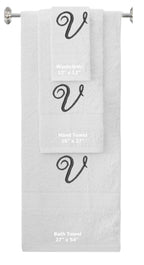 White monogrammed towel set with Black thread, Diana Script font, initial V - 540 GSM cotton 3-piece