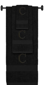 Black monogrammed towel set with Black thread, Times New Roman font, initial C - 540 GSM cotton 3-piece