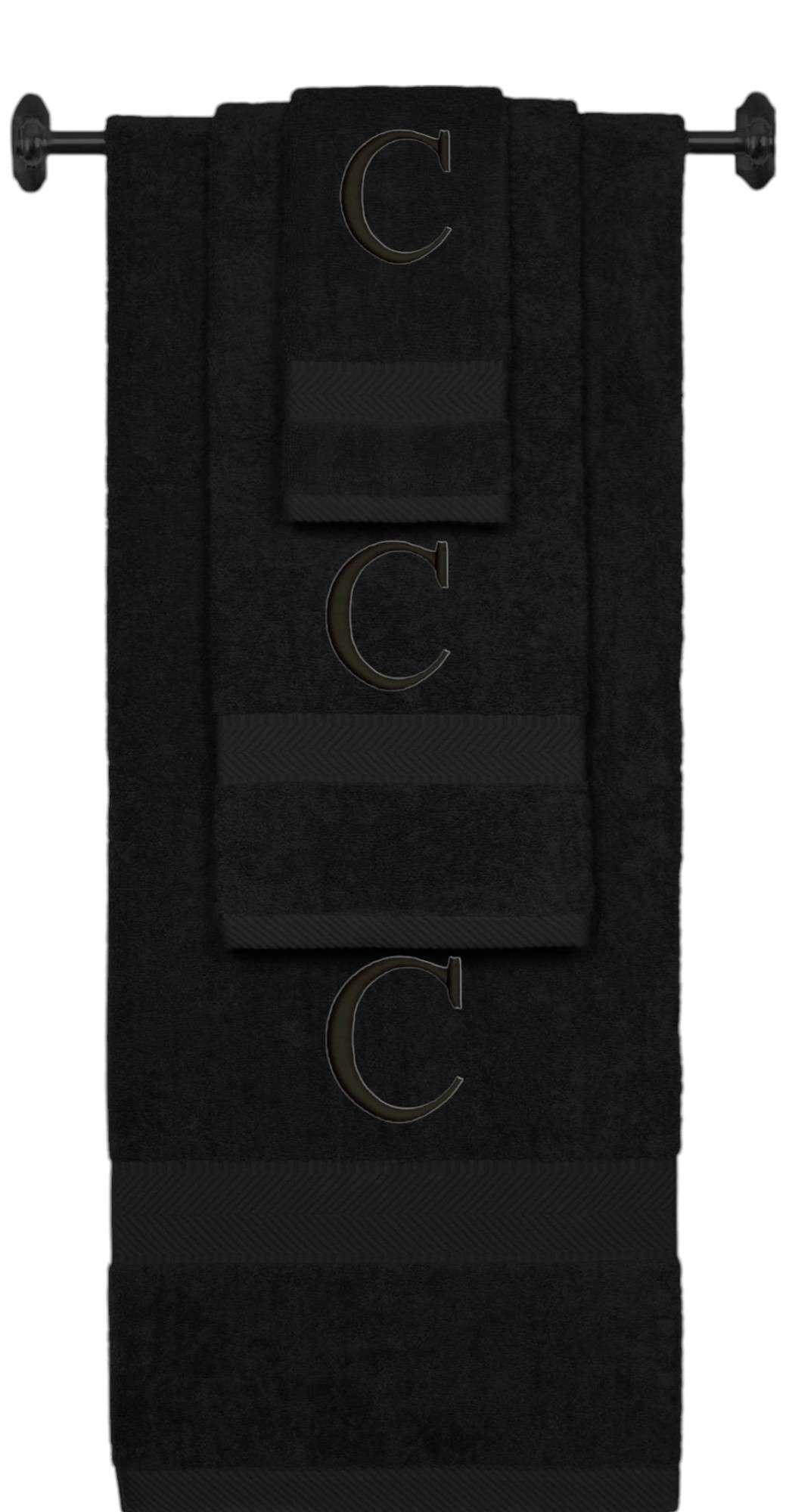 Black monogrammed towel set with Black thread, Times New Roman font, initial C - 540 GSM cotton 3-piece