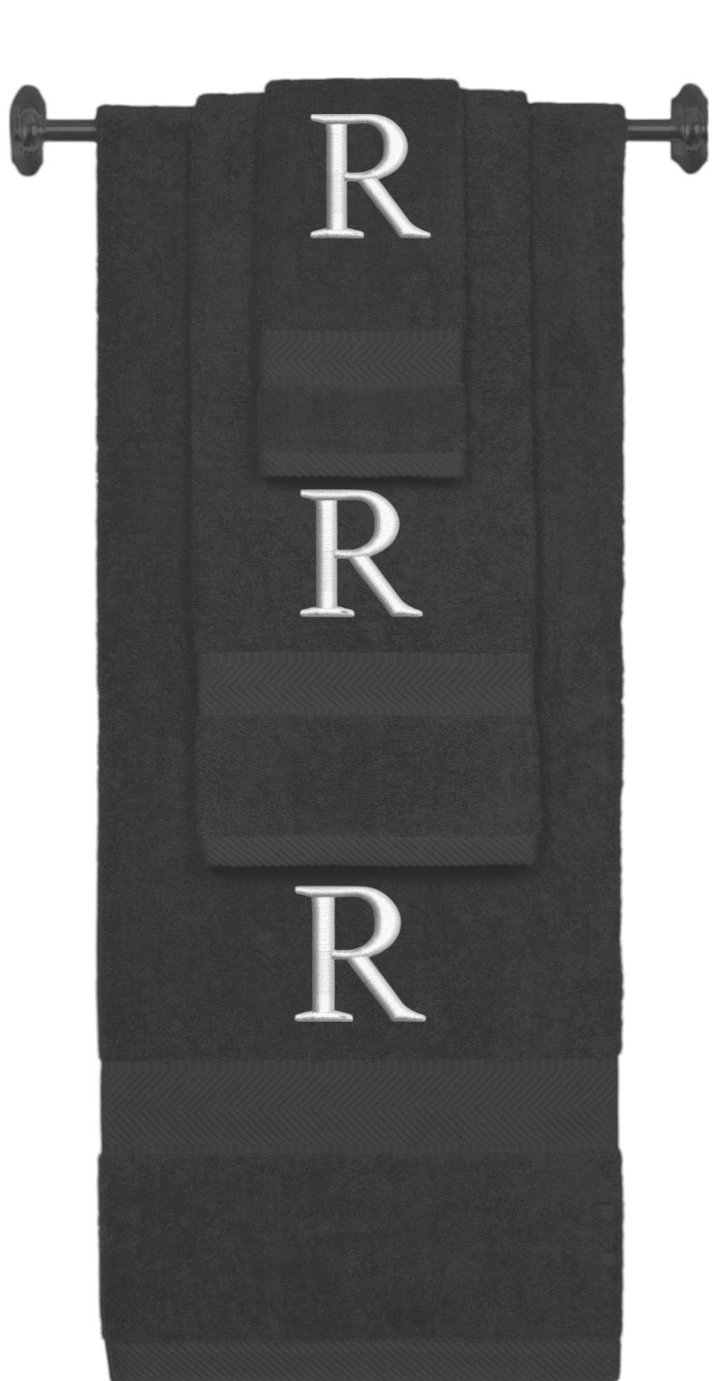 Charcoal monogrammed towel set with Silver thread, Times New Roman font, initial R - 540 GSM cotton 3-piece